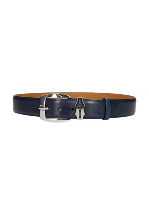 Navy blue leather belt with a silver buckle and a decorative silver clasp, unfastened and laid flat against a white background.
