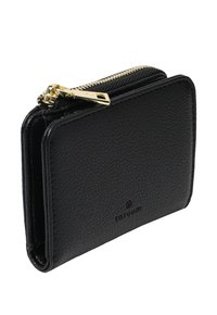 Black leather wallet with a textured surface, gold zipper hardware, and logo detail. Compact rectangular shape with a smooth finish.