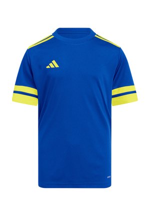 Blue athletic shirt with short sleeves, featuring yellow stripes on shoulders and sleeves, made of lightweight fabric, with an Adidas logo.