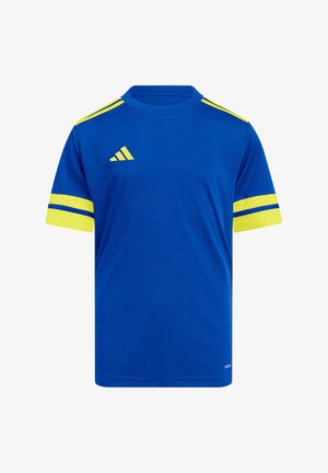 Blaues Sportshirt mit kurzen Ärmeln, versehen mit gelben Streifen an den Schultern und Ärmeln, aus leichtem Material, mit einem Adidas-Logo.