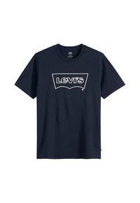 T-shirt en coton bleu marine avec col rond, présentant un logo Levi's blanc contourné dans un style contrasté sur le devant. Manches courtes et coupe standard.