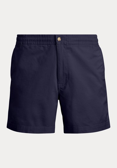 Marineblaue Herren-Badeshorts mit elastischem Bund, vorderer Knopfleiste und genähtem Saum, vor hellem Hintergrund dargestellt.