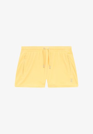 Yellow athletic shorts made of smooth fabric, featuring a drawstring waist, two zippered side pockets, and a small logo accent.