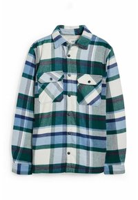 Koszula flanelowa w zielono-niebiesko-białą kratę; posiada dwie kieszenie na piersi z klapami na guziki oraz kołnierzyk.