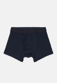 Marineblaue Herren-Boxershorts mit einem schwarzen elastischen Bund und vertikalen Nähdetails auf der Vorderseite.