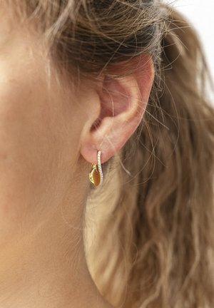 Left ear with light brown hair pulled back, wearing a gold and silver loop earring with small embedded stones.