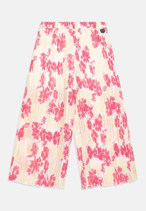 Plissierte weit geschnittene Hosen mit pink- und beigen Blumenmuster, elastischem Bund und kleinem herzförmigem Logodetail in der Nähe der Taille.