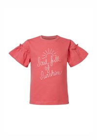 Koraalkleurig katoenen T-shirt met gerafelde mouwen, met een witte geborduurde zin "Ziel Vol Zonneschijn" en een zonafbeelding boven de tekst.