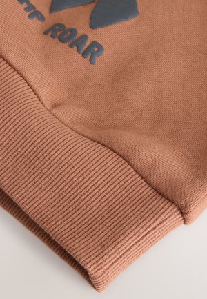 Pullover in Rostfarbe mit einer strukturierten Strickware. Verfügt über einen gerippten Saum und einen kontrastierenden blauen Aufdruck mit der Aufschrift „ROAR“ auf der Vorderseite.