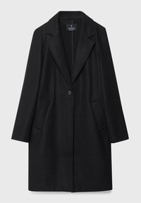 Lang zwart enkelknopigen jas met ingesneden revers en twee zijzakken, plat gelegd op een grijze achtergrond.