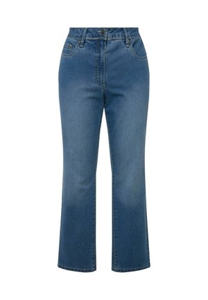 Blaue Denim-Jeans mit hoher Taille, geraden Beinen und subtilen Ausbleichungen. Mit Knopfverschluss, Fronttaschen und Gürtelschlaufen.