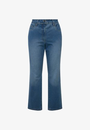 Blauwe spijkerbroek met een hoge taille, rechte pijpen en subtiele vervaging. Beschikt over een knoopsluiting, achterzakken en riemlussen.