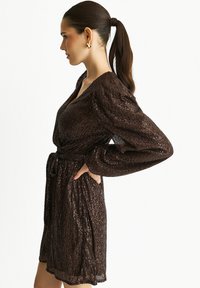 Bronze sequin dress with long puff sleeves and a tied waist. Textured fabric has a shiny finish, featuring a V-neckline and flared hem.