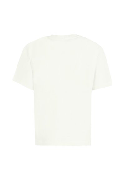 T-shirt bianco corto con maniche a giro, mostrato disteso con il retro visibile su uno sfondo bianco.