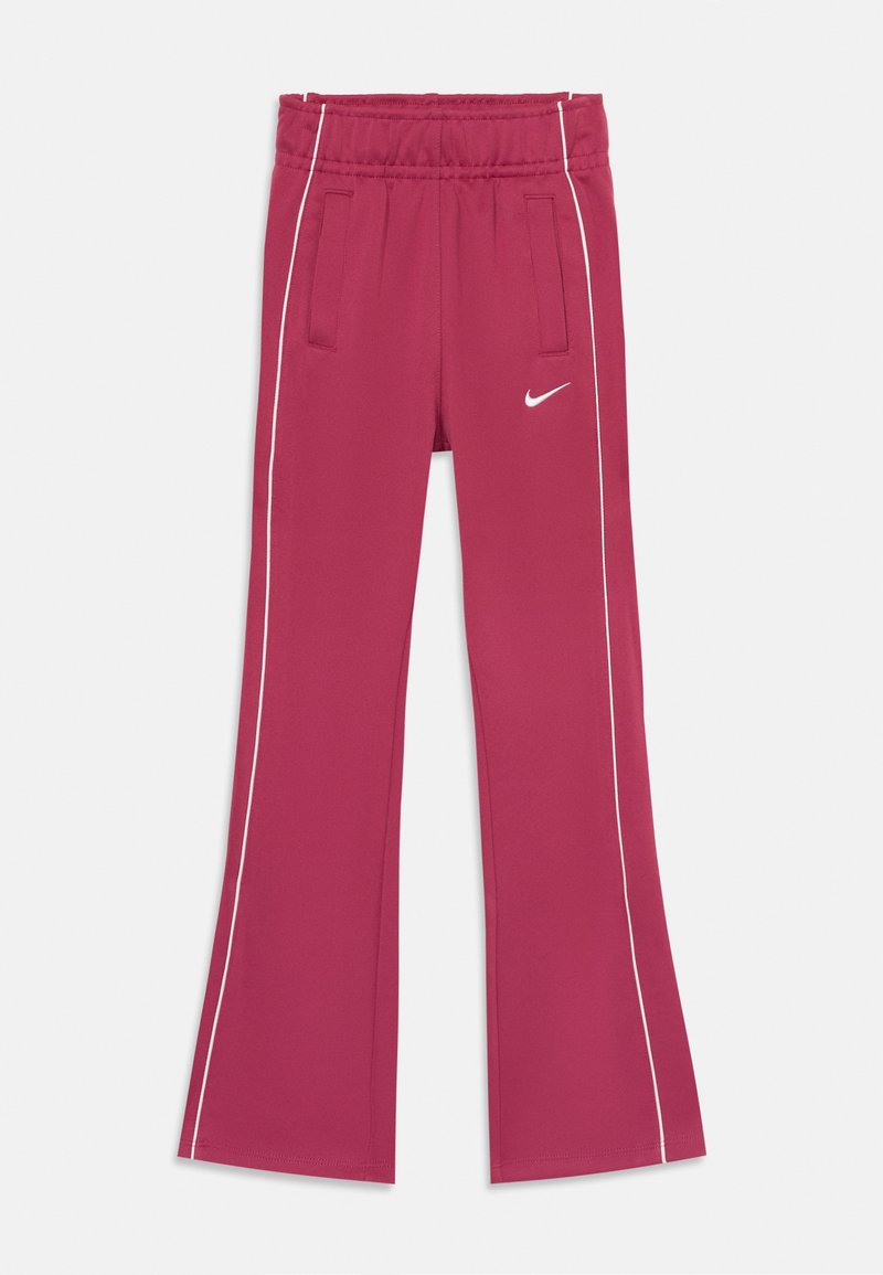 Maroon athletic pants with white side stripes, elastic waistband, and two front pockets. Features a small white Nike logo on the front.