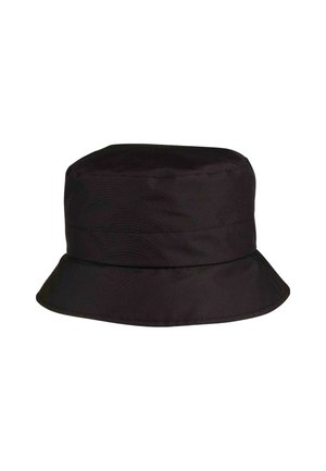 Schwarzer Bucket Hat aus glattem, leichtem Stoff. Verfügt über eine abgerundete Krone und einen breiten, nach unten geneigten Rand zum Sonnenschutz.