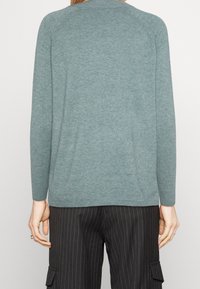 Hellblaue-grüne Strickjacke mit langen Ärmeln, geripptem Ausschnitt und glatter Stricktextur. Getragen mit schwarzen Nadelstreifenhosen.