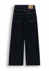 Ciemnoniebieskie szerokie dżinsy z wysokim stanem, kontrastowym przeszyciem, dwiema tylnymi kieszeniami oraz skórzaną metką na pasku.