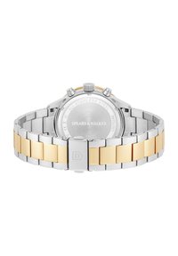 Reloj de acero inoxidable con una pulsera bicolor que presenta eslabones plateados y dorados, una caja pulida y una corona texturizada. Logo de la marca grabado en la parte posterior.