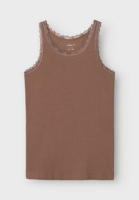 Brun tanktop laget av mykt stoff, med blonder langs halsen og ermehullene. Enkelt, ermeløs design med rett kant.