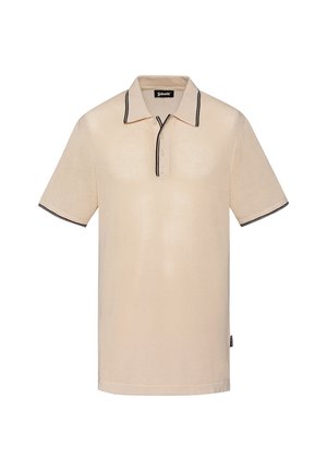 Beige polo shirt med en mesh tekstur, sorte accenter på kraven og ærmerne, fem-knap strop og et brandet label ved sømmen.