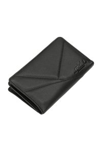 Portefeuille en cuir noir avec logo embossé et motif diagonal cousu, présenté fermé sur fond blanc.
