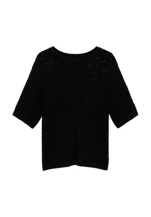Black knitted sweater with short sleeves, wide neckline, and a relaxed fit. Features a textured pattern with open stitches.