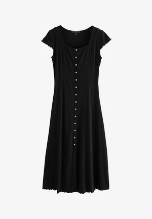 Black dress with short cap sleeves, square neckline, and a row of white buttons down the front. Made of soft, textured fabric.