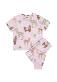 Children's pajama set in light pink fabric featuring playful llama illustrations in brown and cream, adorned with colorful patterned accents.