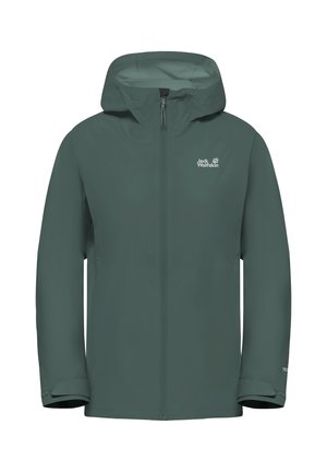 Grüne wasserdichte Jacke mit Kapuze, durchgehendem Frontreißverschluss, verstellbaren Handgelenkriemen und Jack Wolfskin-Logo auf der Brust.
