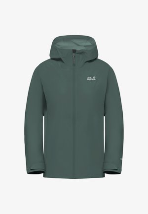 Veste imperméable verte avec capuche, fermeture éclair intégrale à l'avant, sangles de poignet réglables, et logo Jack Wolfskin sur la poitrine.