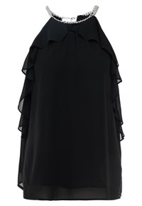 Haut noir à col halter avec des volants superposés le long de l'encolure et des côtés, fabriqué en tissu léger ; détail chaîne au niveau du col.