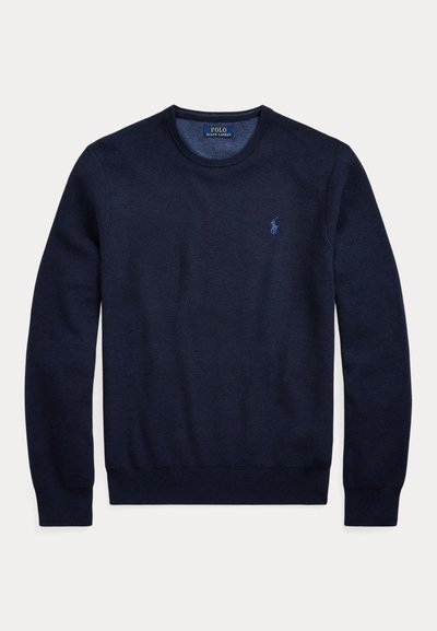 Marineblauwe trui met lange mouwen en ronde hals, met getextureerde brei en klein geborduurd Polo Ralph Lauren-logo op de linkerborst.