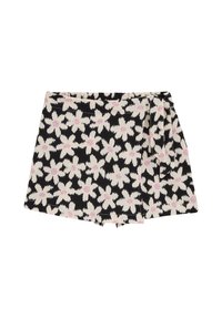 Black and white shorts featuring a floral pattern with pink accents. Made of textured fabric with a wrap design and side tie detail.