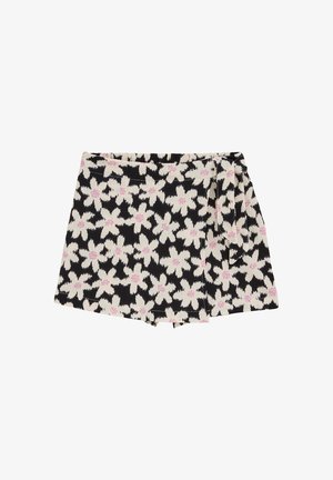 Černobílé kraťasy s květinovým vzorem a růžovými akcenty. Vyrobené z texturované tkaniny s překrývacím designem a detaily na bočním zavázání.