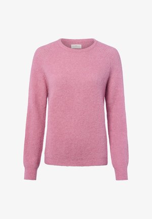 Rosa gestrickter Pullover mit langen Raglanärmeln, gerippter Textur, rundem Halsausschnitt und engen Bündchen. Einfaches Design ohne zusätzliche Muster.