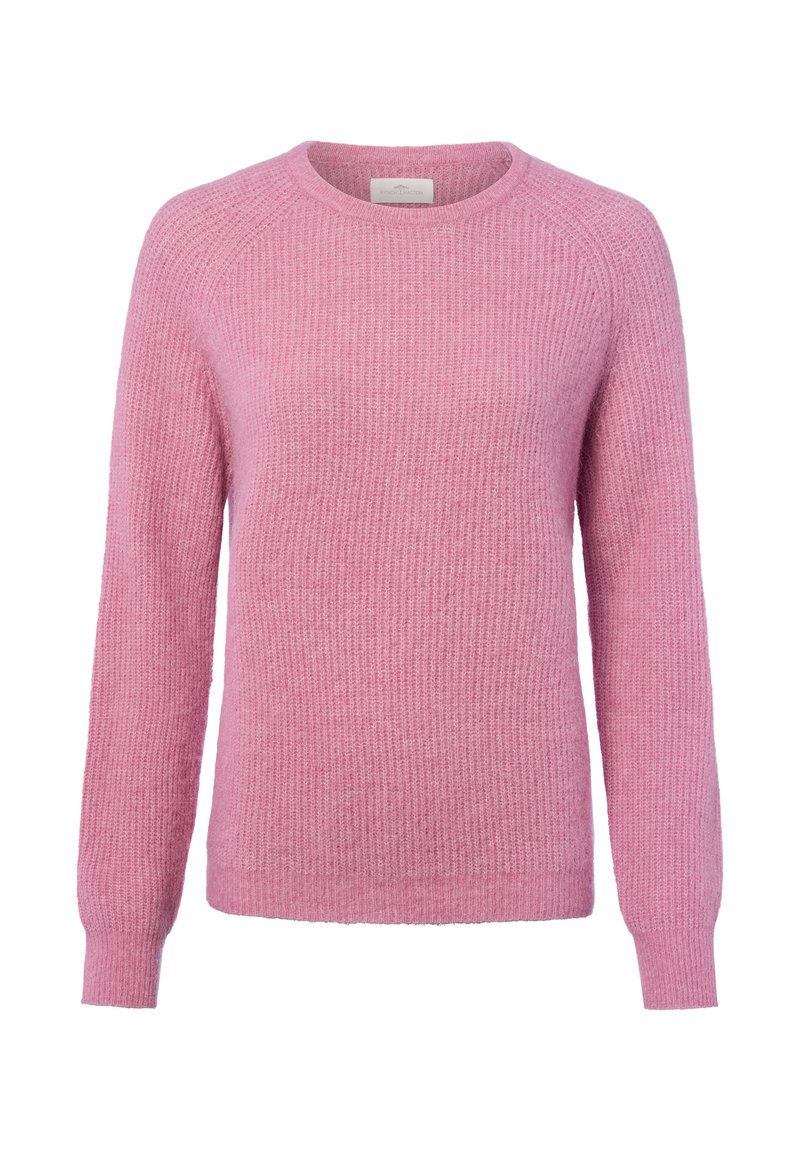Rosa gestrickter Pullover mit langen Raglanärmeln, gerippter Textur, rundem Halsausschnitt und engen Bündchen. Einfaches Design ohne zusätzliche Muster.