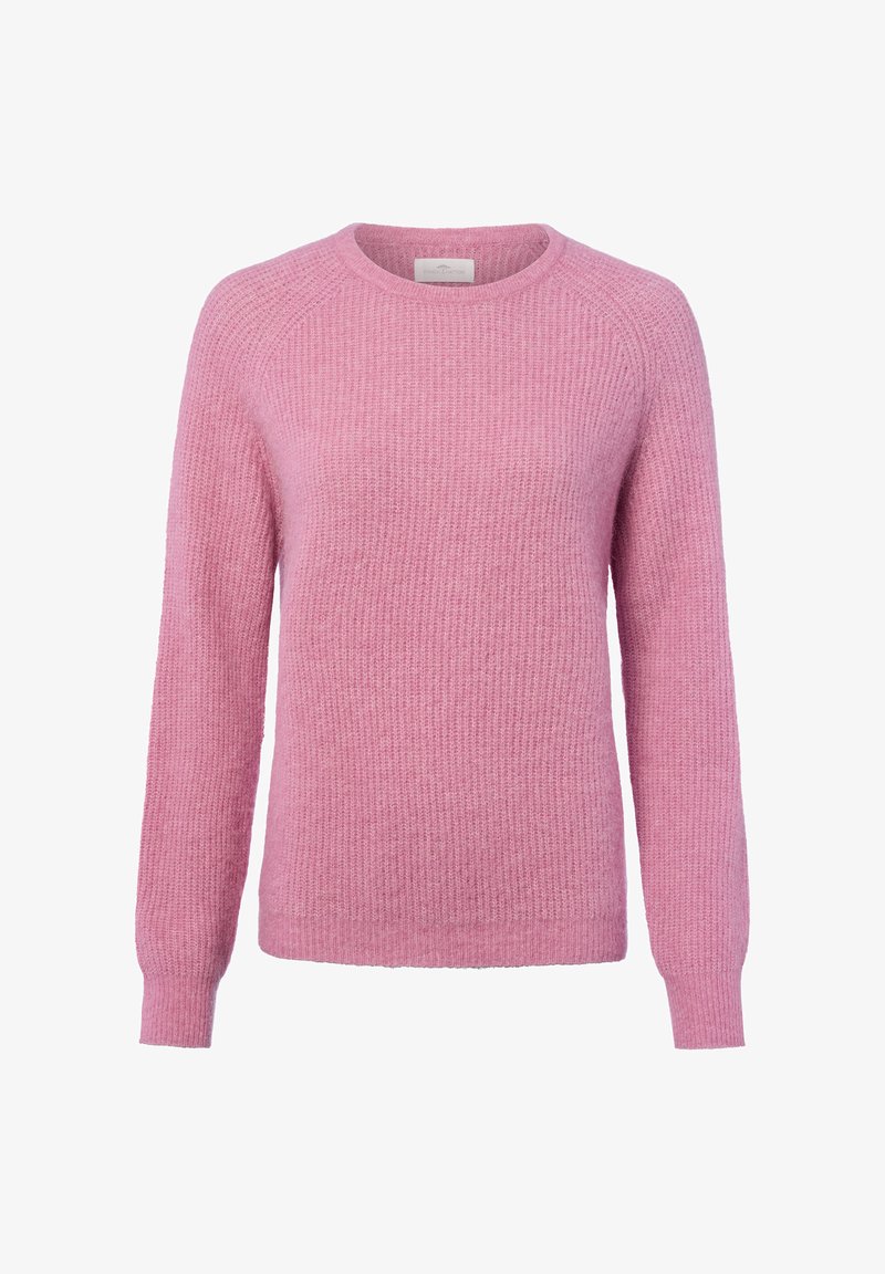 Rosa gestrickter Pullover mit langen Raglanärmeln, gerippter Textur, rundem Halsausschnitt und engen Bündchen. Einfaches Design ohne zusätzliche Muster.