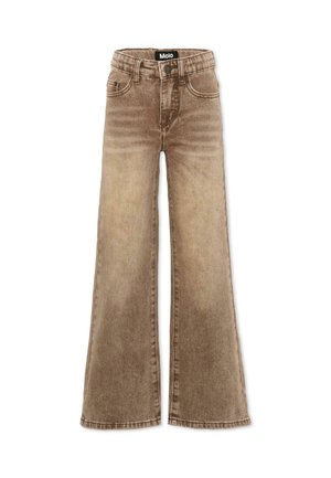 Jean flare marron en denim avec taille haute, poches avant, fermeture à bouton et détails délavés visibles sur les jambes.