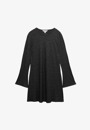 Zwarte, lange mouwen jurk van een glanzende, textuurstof. Kenmerkt zich door een ronde halslijn en uitlopende mouwen voor een A-lijn silhouet.