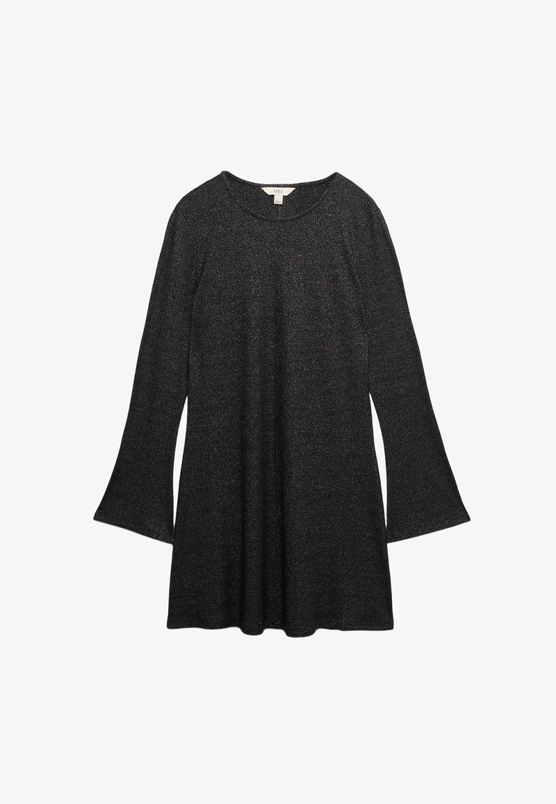 Czarna sukienka z długim rękawem, wykonana z błyszczącej, teksturowanej tkaniny. Posiada okrągły dekolt oraz rozszerzane rękawy, co tworzy sylwetkę w kształcie litery A.