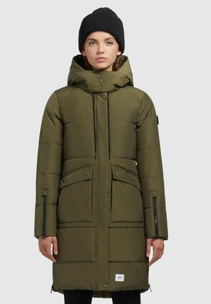 Olive green puffer coat with a hood, large front pockets, zippered side vents, and snap closures. Features a smooth, insulated texture.