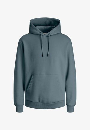 Hooded sweatshirt v praškastem modrem odtenku, izdelan iz mehkega materiala. Ima sprednji žep, nastavljive vrvi in ribane manšete ter rob.