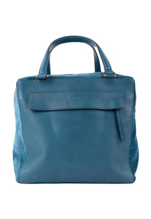 Sac à main en cuir bleu avec poignées courtes, une poche avant à rabat et des panneaux latéraux en daim.