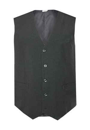 Gray vest with a v-neck, six front buttons, two side pockets, and a smooth inner lining. Textured fabric with a subtle pattern.