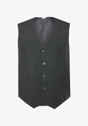 Harmaa liivi, jossa on V-pääntie, kuusi etupainiketta, kaksi sivutaskua ja sileä vuori. Rakennekangas, jossa on hienovarainen kuosi.