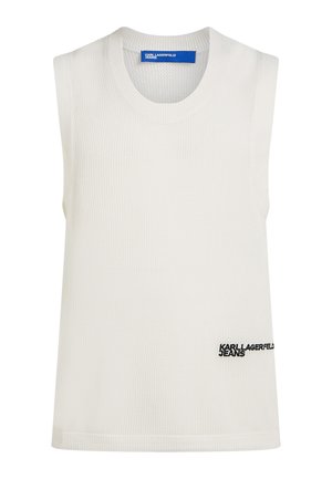 Top bianco senza maniche realizzato in tessuto strutturato. Presenta una scollatura rotonda e un logo ricamato nero sull'orlo. Design semplice.