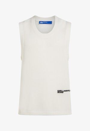 Top bianco senza maniche realizzato in tessuto strutturato. Presenta una scollatura rotonda e un logo ricamato nero sull'orlo. Design semplice.