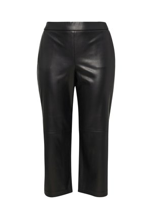 Schwarze Leder-Cropped-Hosen mit glatter Textur, die über einen hohen Bund und minimale Nähte für ein schlankes Design verfügen.