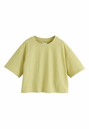Svetlozelený krátky top s krátkym rukávom a okrúhlym výstrihom, s textúrovanou tkaninou a voľným strihom.